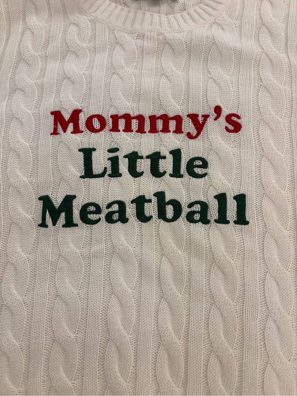 🍝 ROWING BLAZERS “Mommy’s Little Meatball” Cable Knit Sweater - White - NWT 🍝 - Picture 2 of 4